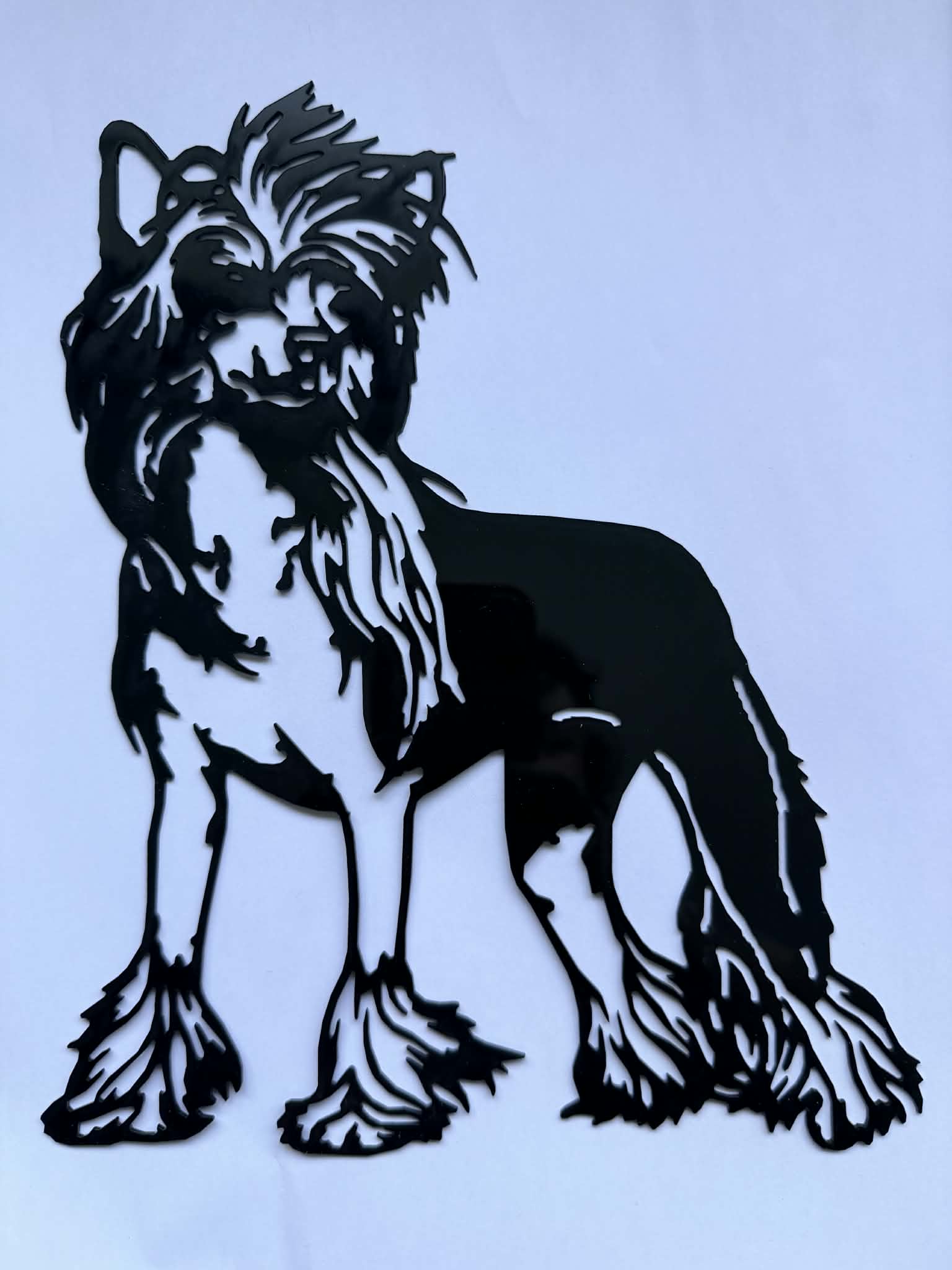 Black acrylic laser-cut piece of the Chinese Crested dog with fine fur detail preserved