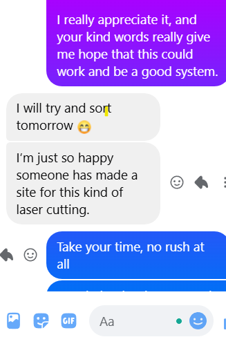 Message thread: Nicola says she is happy someone made a site for this kind of laser cutting.