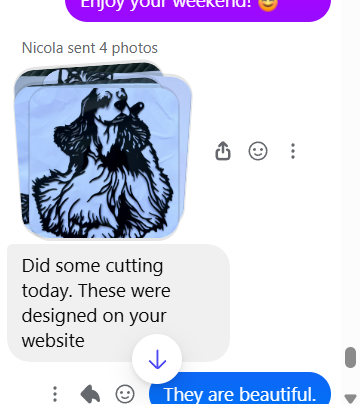 Message thread: Nicola sends photos of finished cuts saying they were designed on the website.