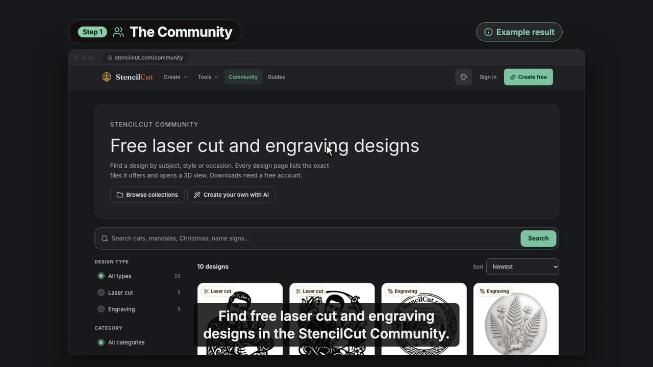 Find a free laser design in the StencilCut Community, video poster