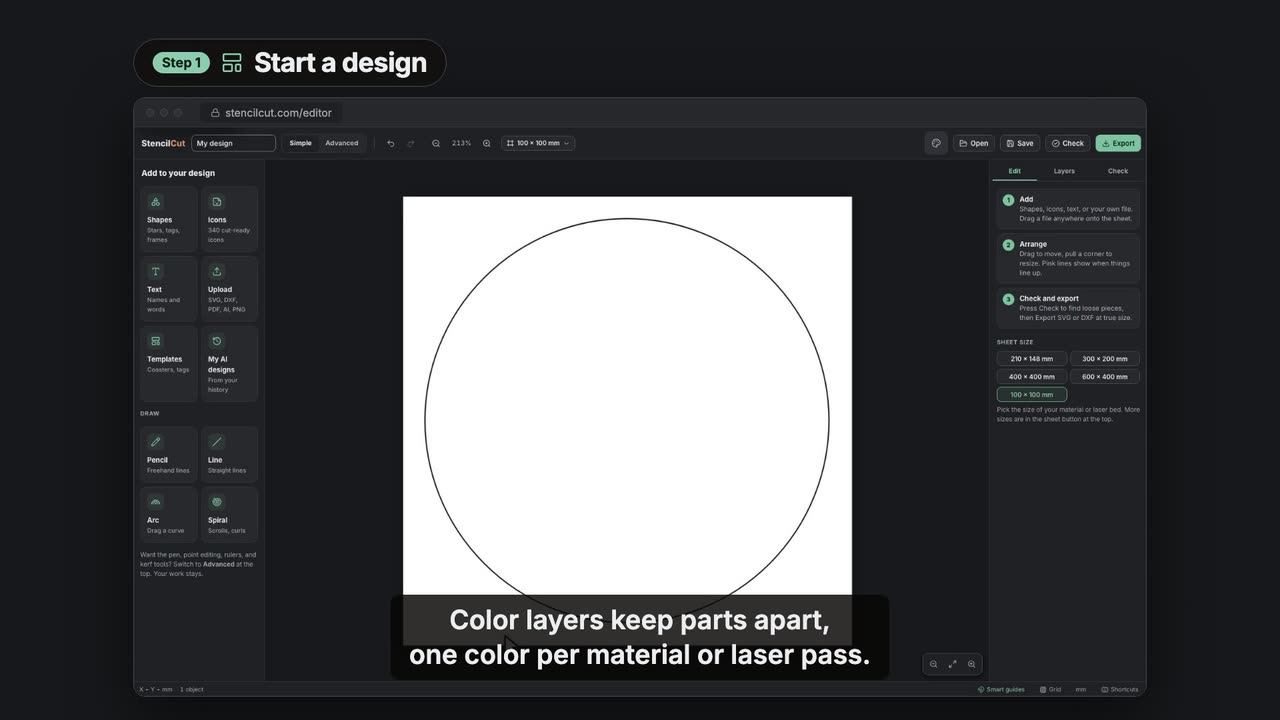 Use color layers for each laser pass in the StencilCut editor, video poster