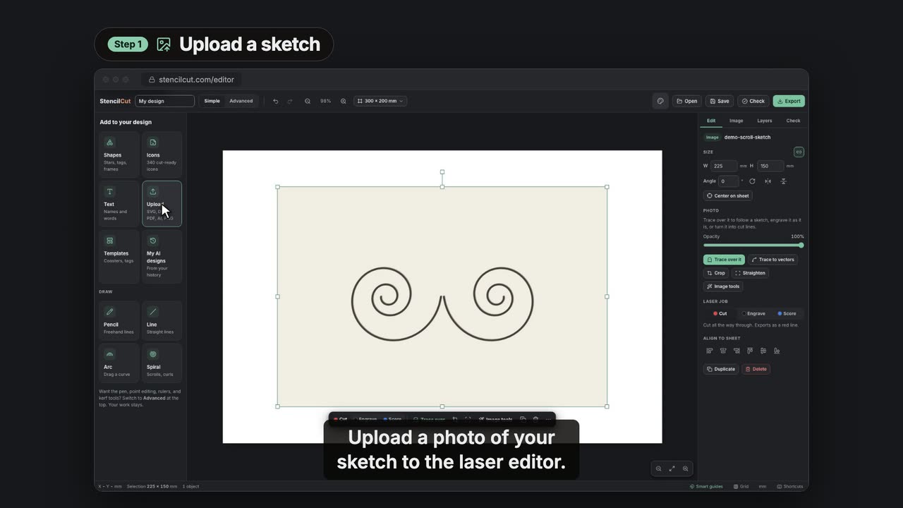 Trace over a sketch in the StencilCut laser editor, video poster