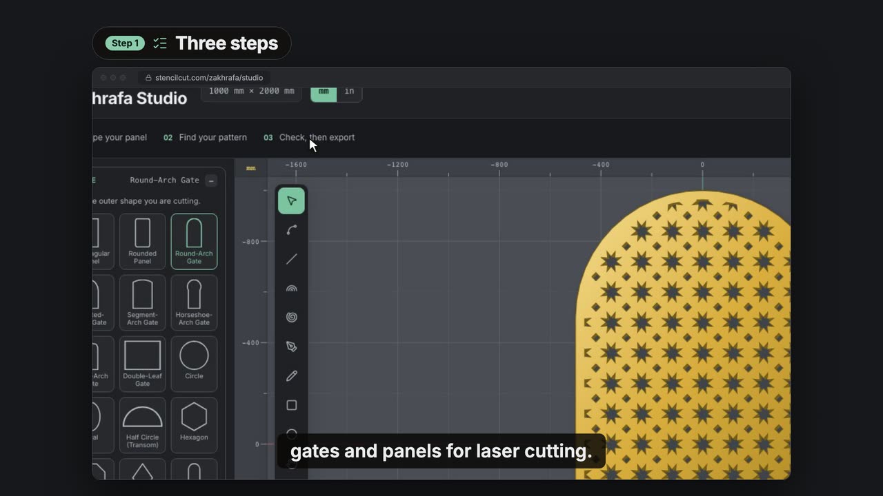 Design a laser-cut gate screen in Zakhrafa Studio, video poster
